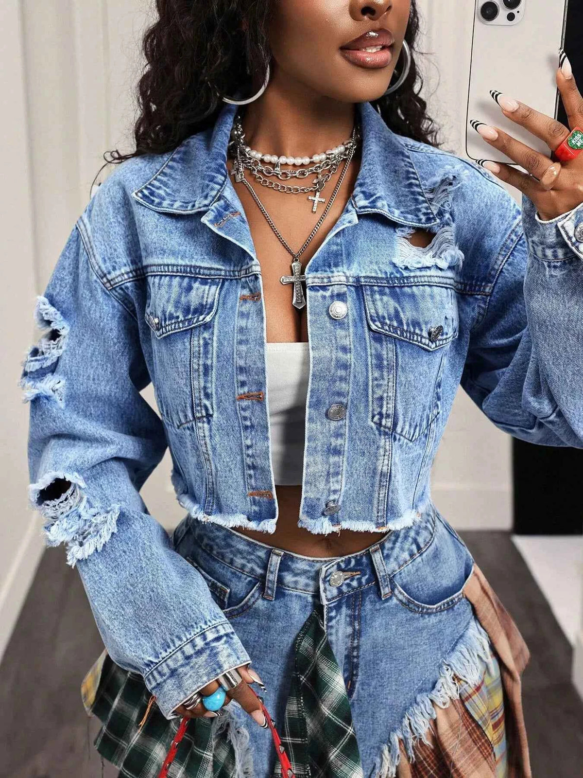 Distressed Cropped Denim Jacket