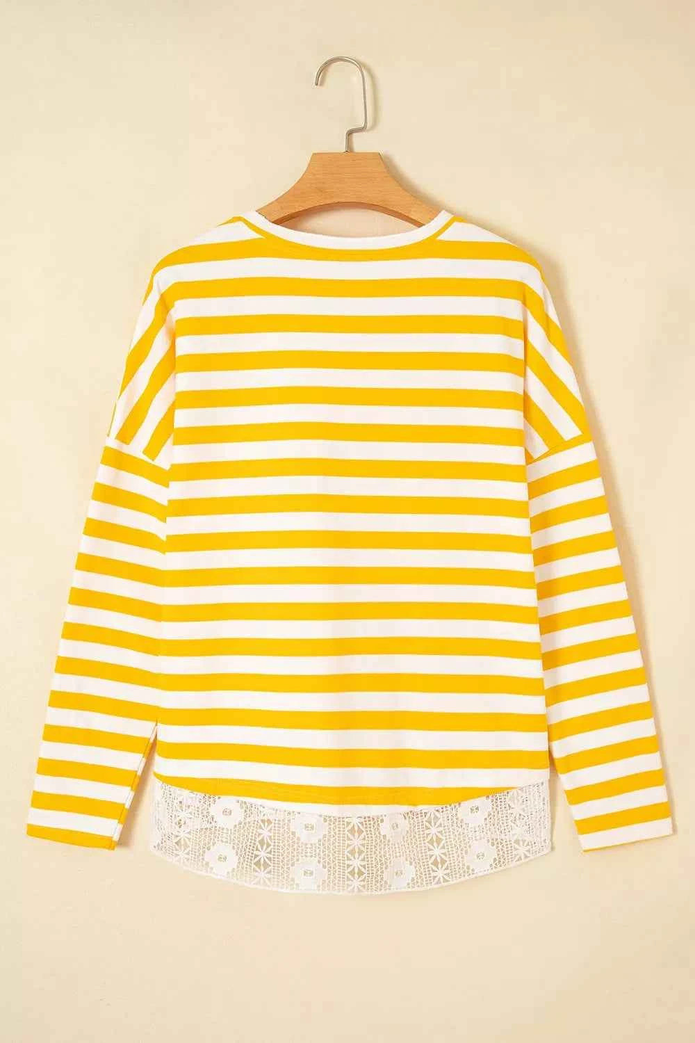 Stripe Striped Lace Patchwork V Neck Long Sleeve Top