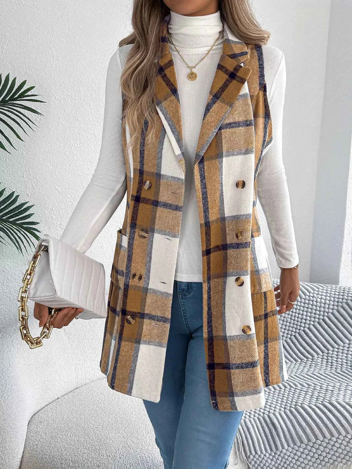 Plaid Double-Breasted Vest Coat