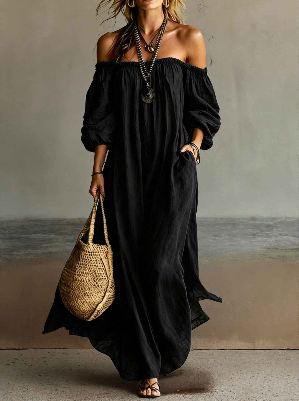 Off-shoulder Puff-sleeve Long Dress For Women