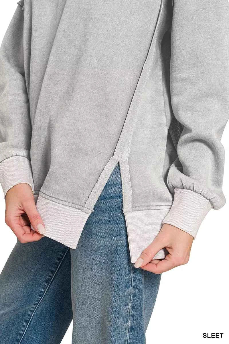 Zenana Fleece Acid Washed Contrast Trim Pullover