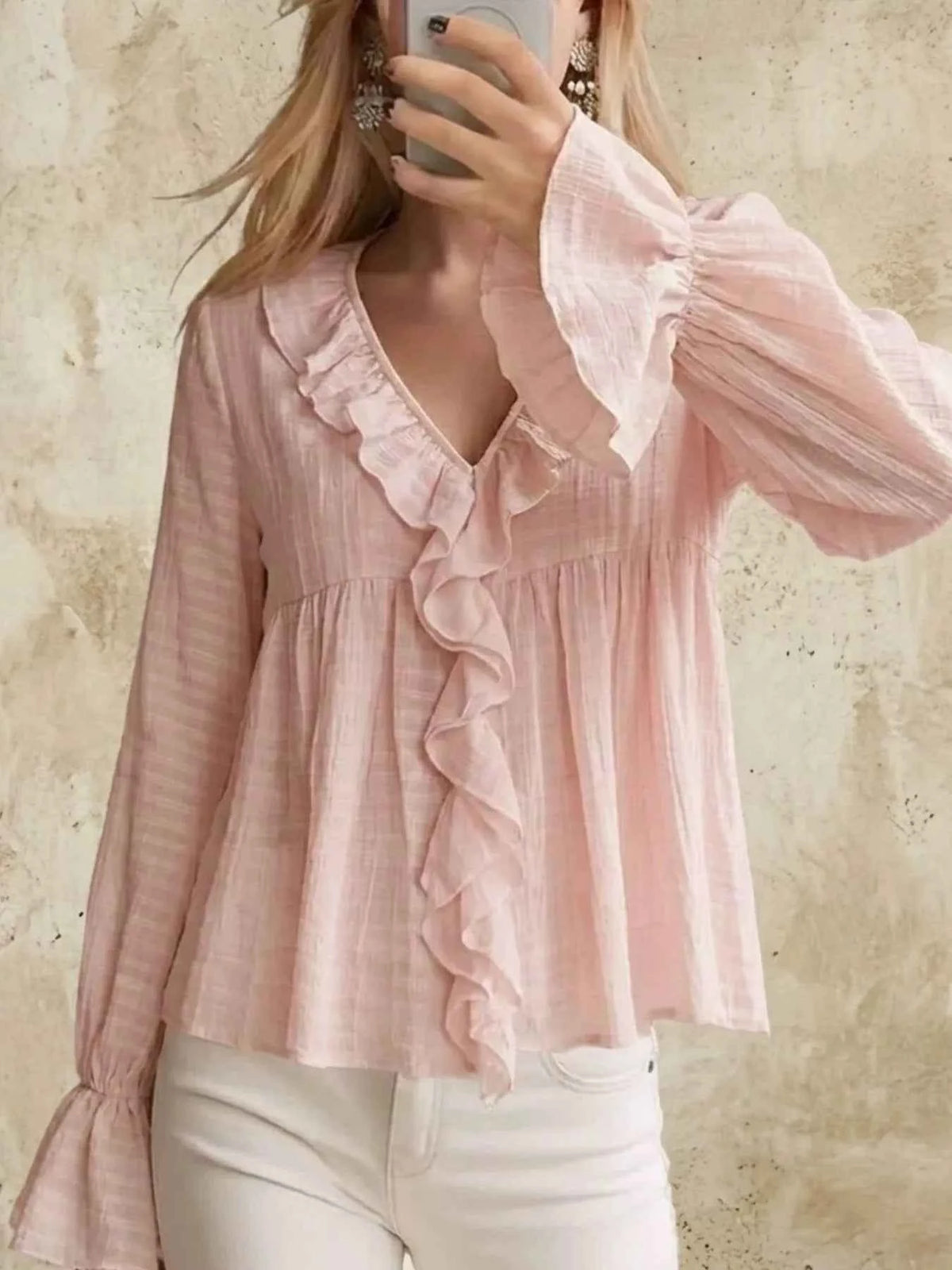 Ruffled V-Neck Flounce Sleeve Blouse