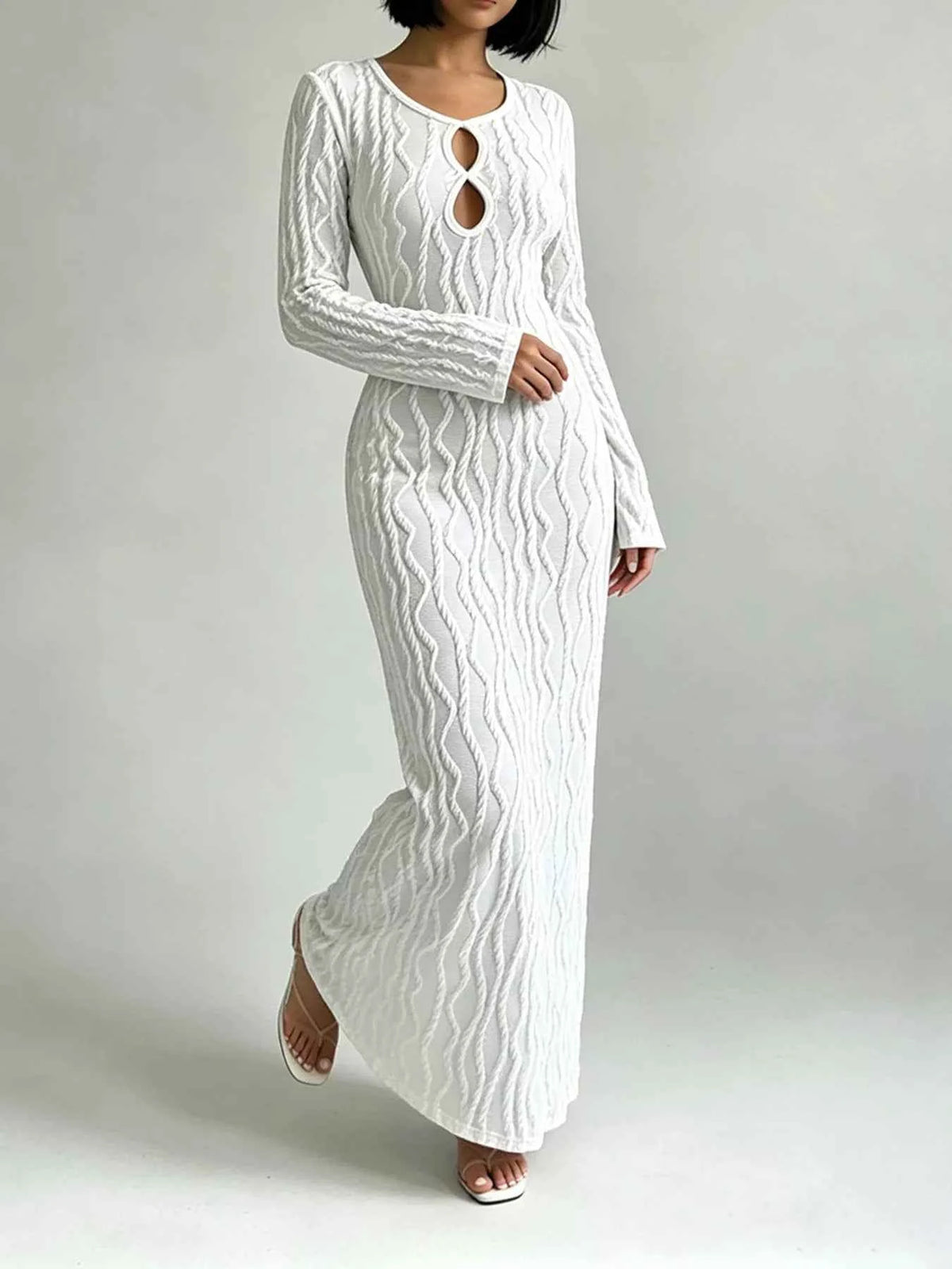Textured Cut-Out Long Sleeve Maxi Dress