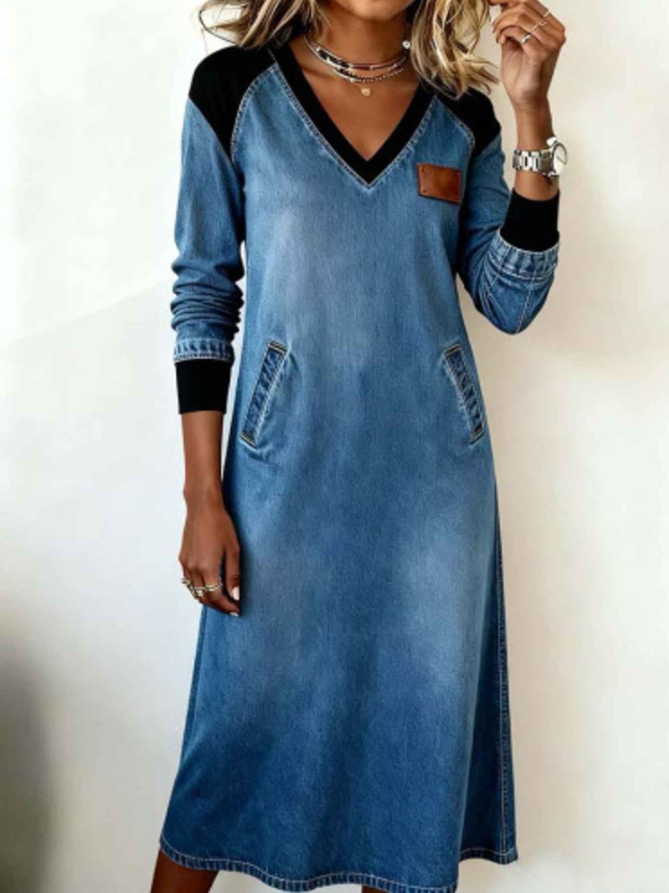 Full Size Contrast V-Neck Midi Dress Plus Size