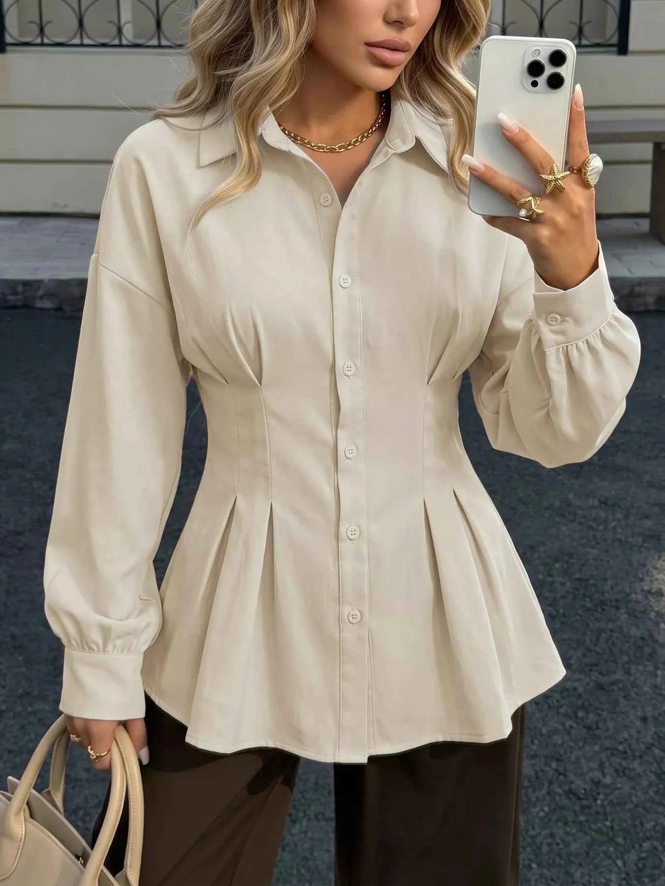 Ruched Button-Up Peplum Shirt