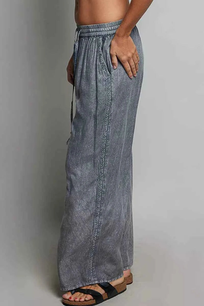 POL Tassel Drawstring Embroidered Wide Leg Woven Pants
