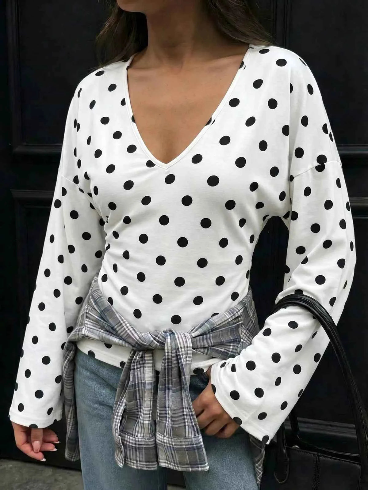 Polka Dot V-Neck Long Sleeve T-Shirt