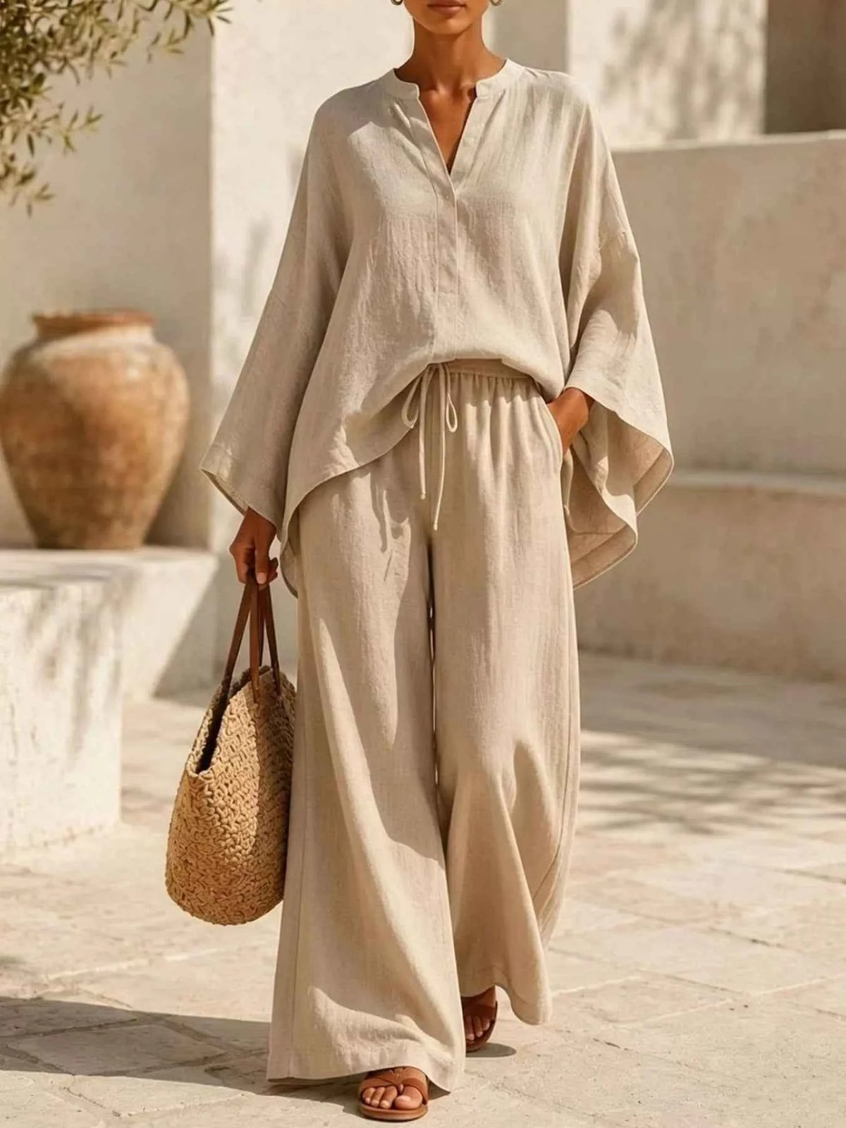 Full Size Notched Long Sleeve Top and Wide-Leg Pants Set Plus Size