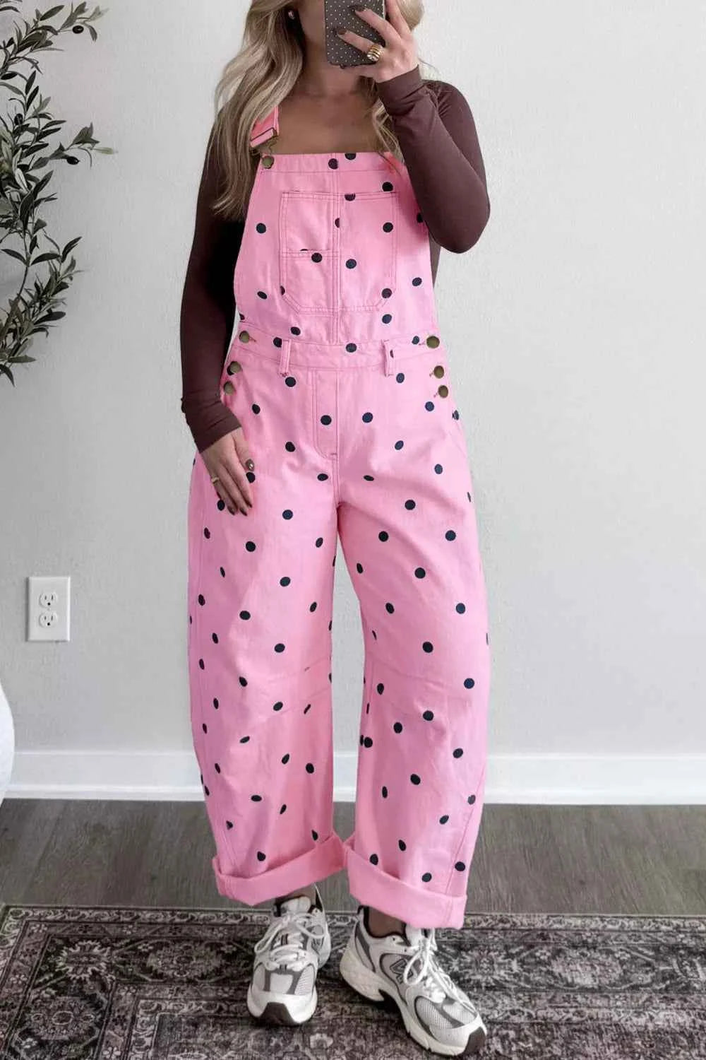 Polka Dot Print Bib Pocket Denim Barrel Overalls