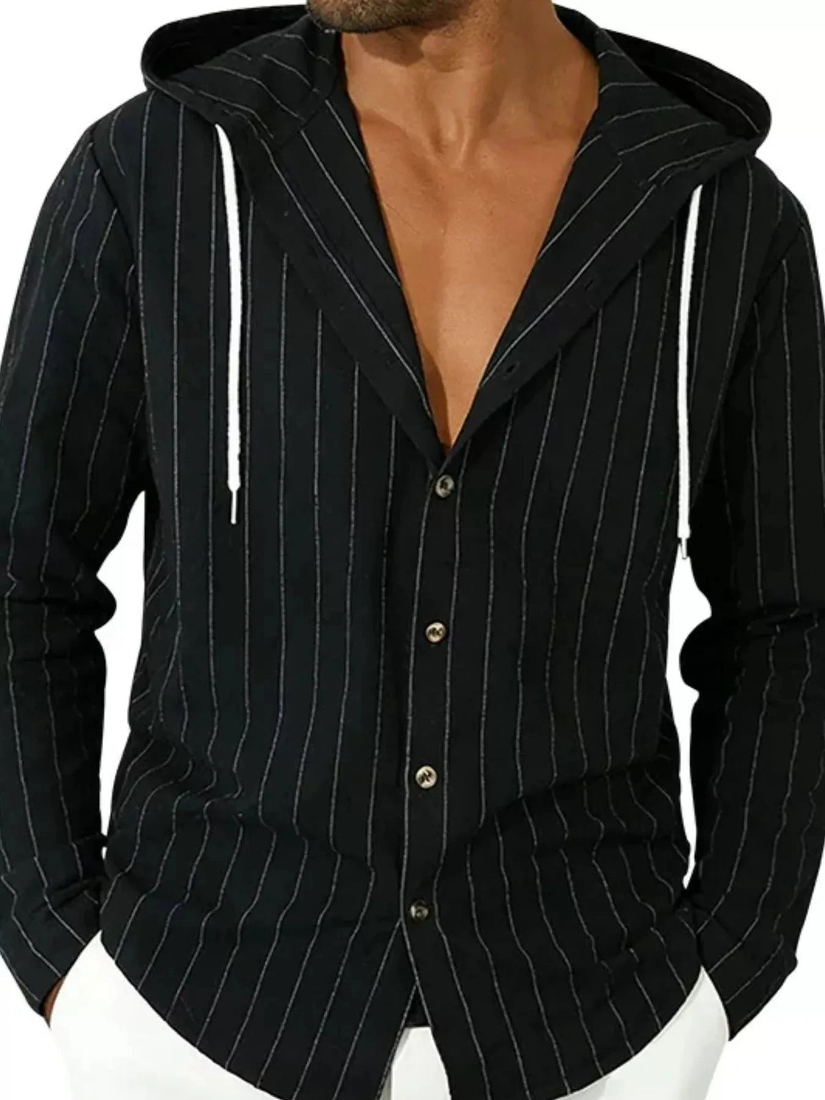Men's Full Size Drawstring Hooded Button Up Shirt Plus Size