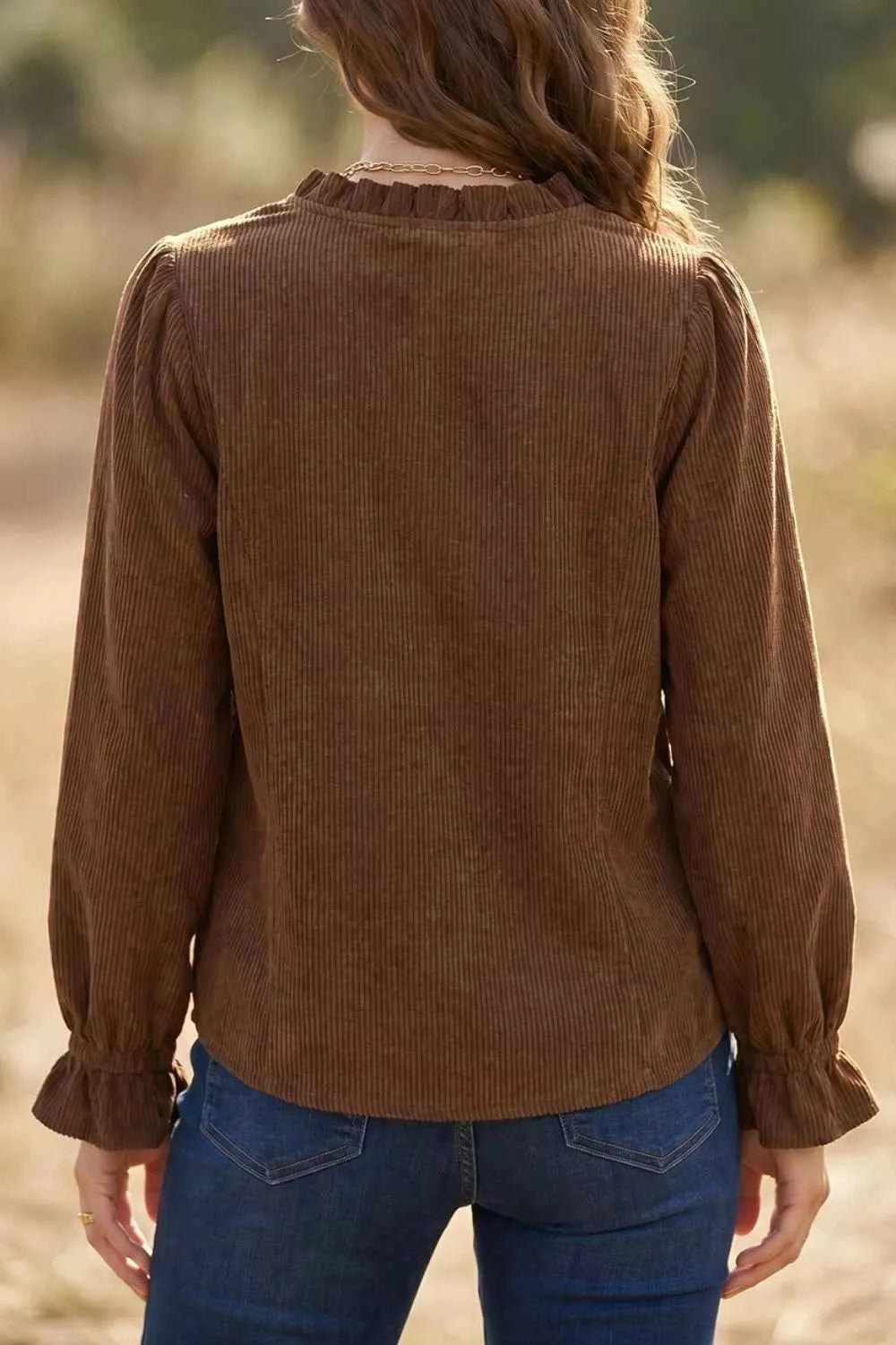 Solid Color Ruffle Trim V Neck Long Sleeve Button Corduroy Shakcet