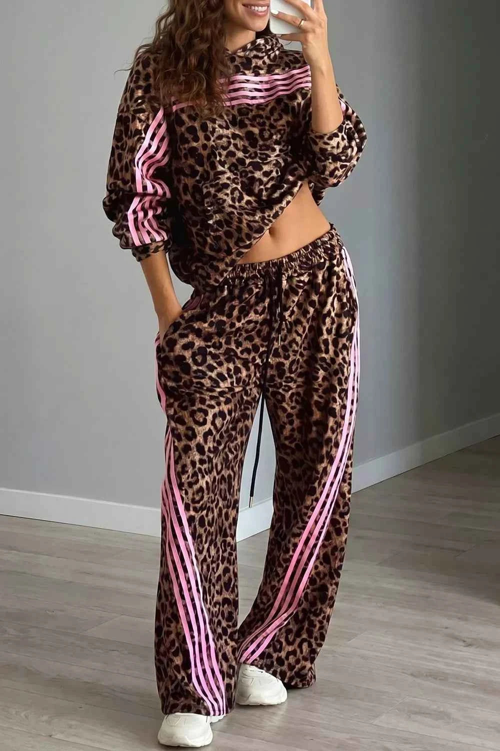 Leopard Print Contrast Striped Detail Long Sleeve Top Pant Set