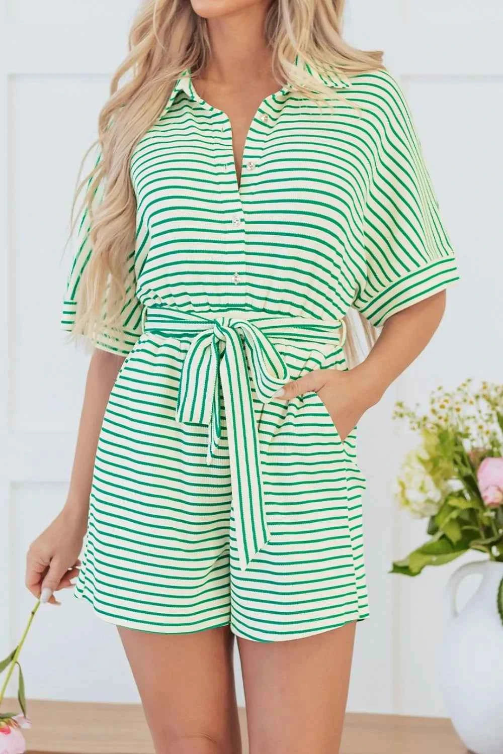 Striped Half Sleeve Tie Waist Romper