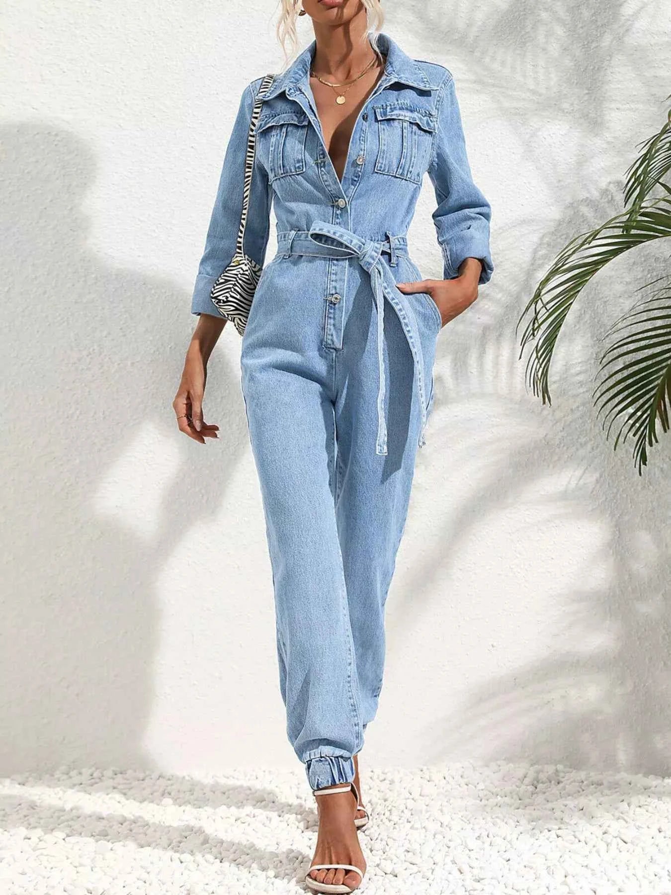 Button Front Belt Denim Jumpsuit