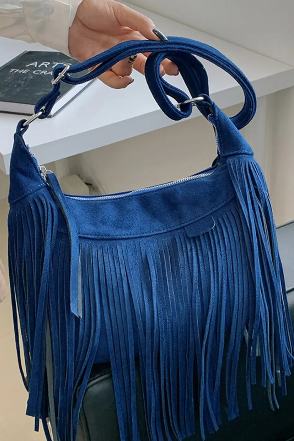 Suede Fringe Adjustable Strap Shoulder Bag in blue with fringe detailing and adjustable strap, showcasing stylish design.