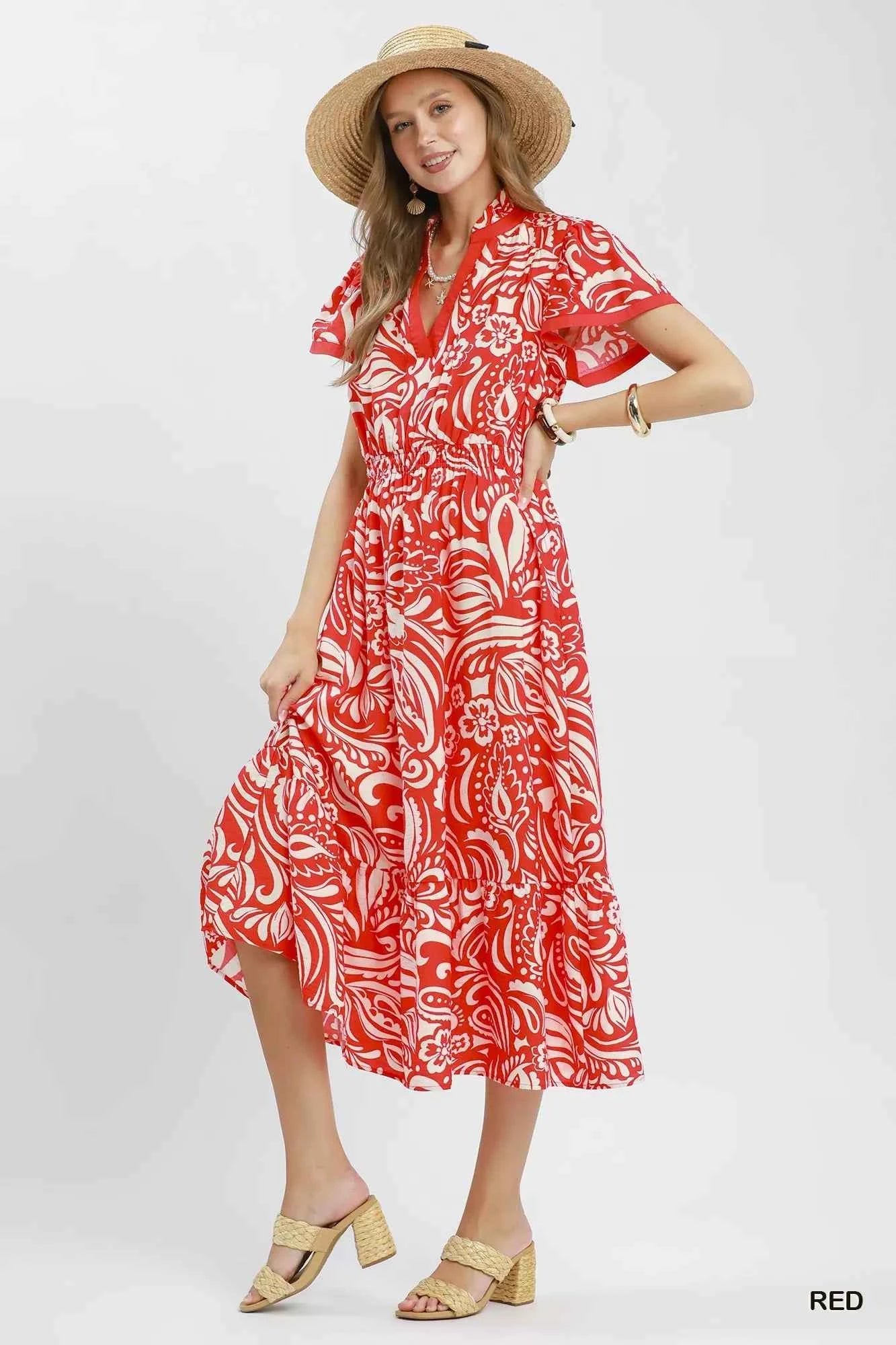 Umgee Paisley Print Midi Dress with Pockets