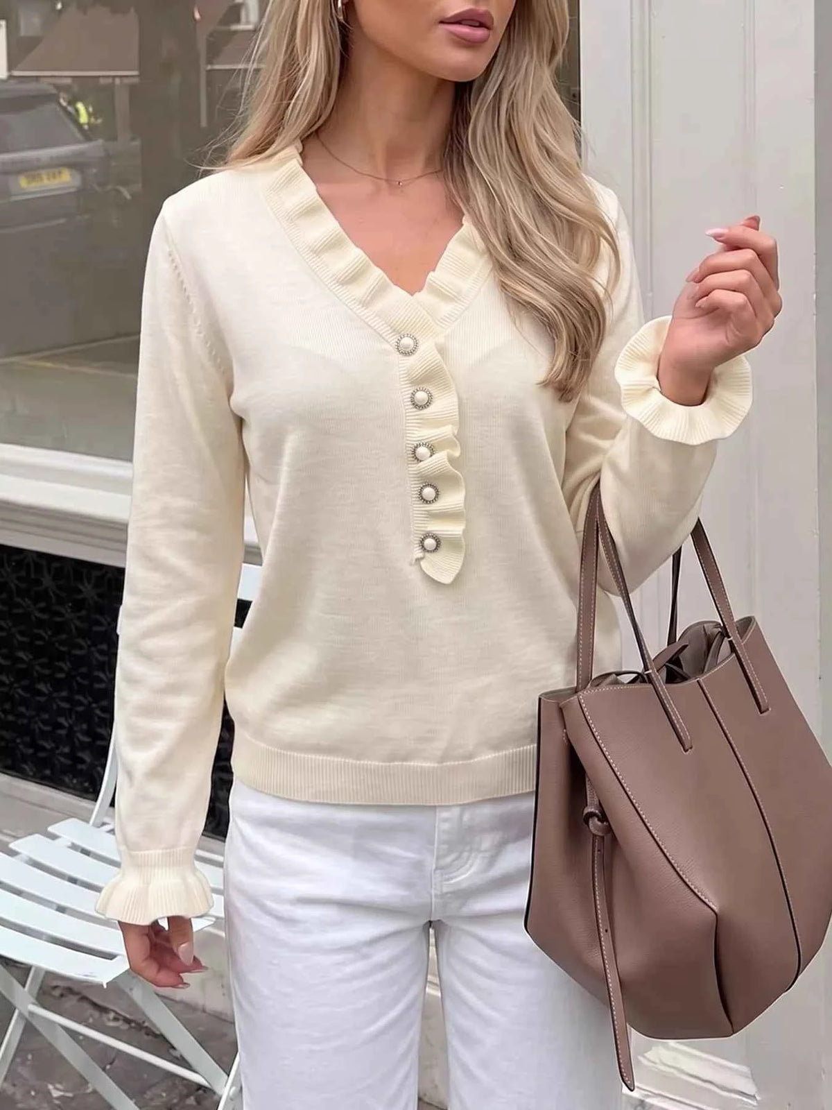 Ruffle Trim Pearl Button V-Neck Knit Top