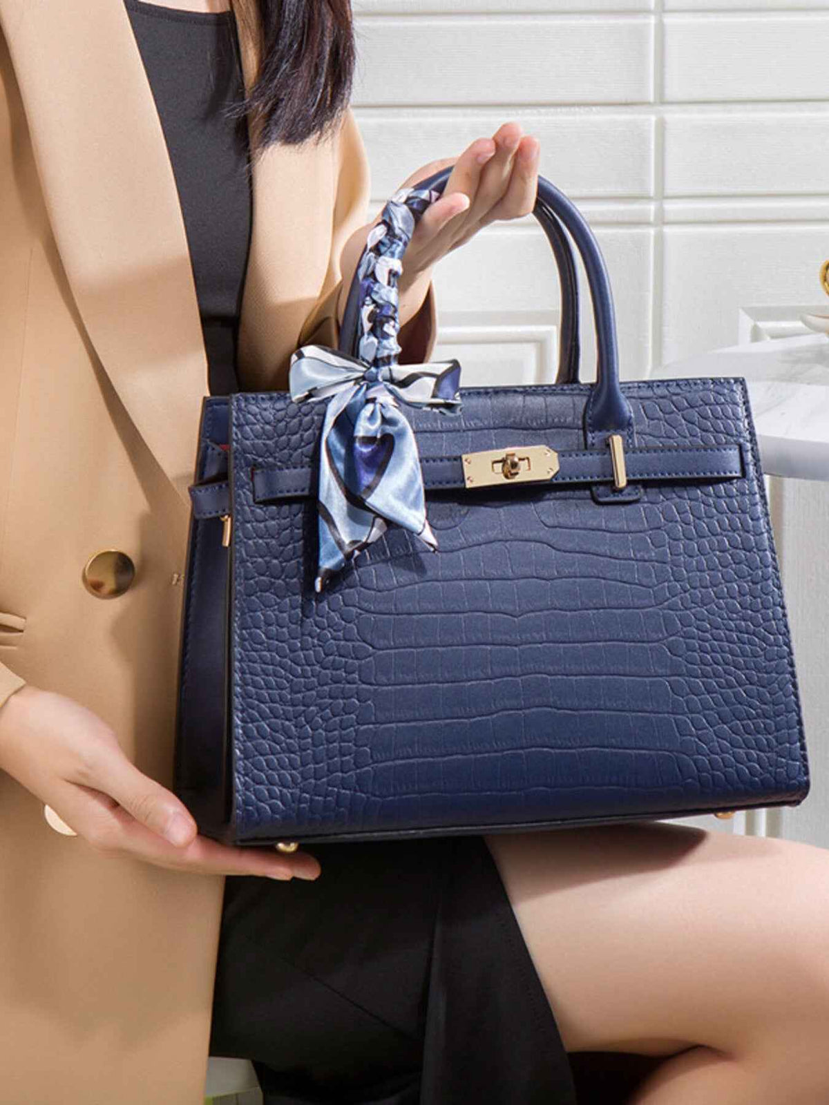 Crocodile Embossed Leather Top Handle Handbag