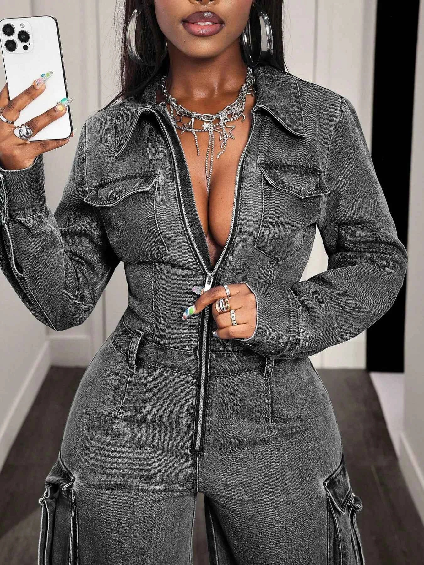 Zip Front Wide Leg Cargo Denim Jumpsuit