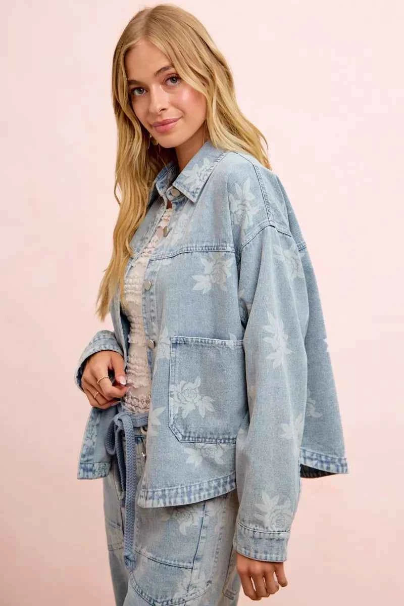 BiBi Printed Washed Denim Jacket With Pocket