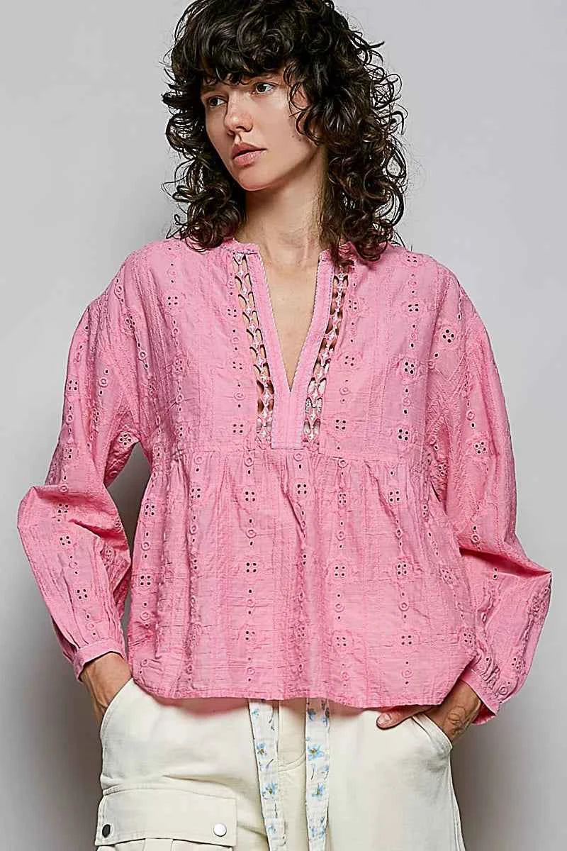 POL Eyelet Lace Split Neck Gathered Empire Waist Cotton Blouse