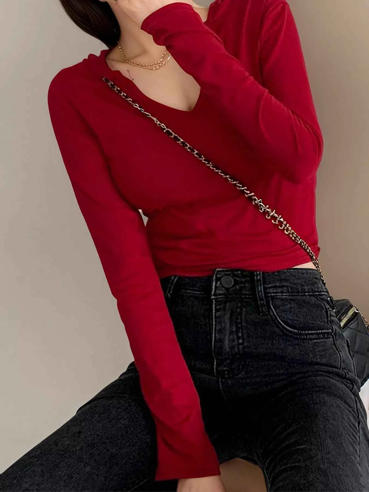 V-Neck Long Sleeve Slim Fit T-Shirt