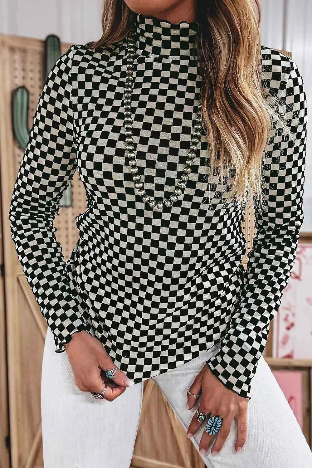 Plaid Stand Neck Long Sleeve Mesh Top
