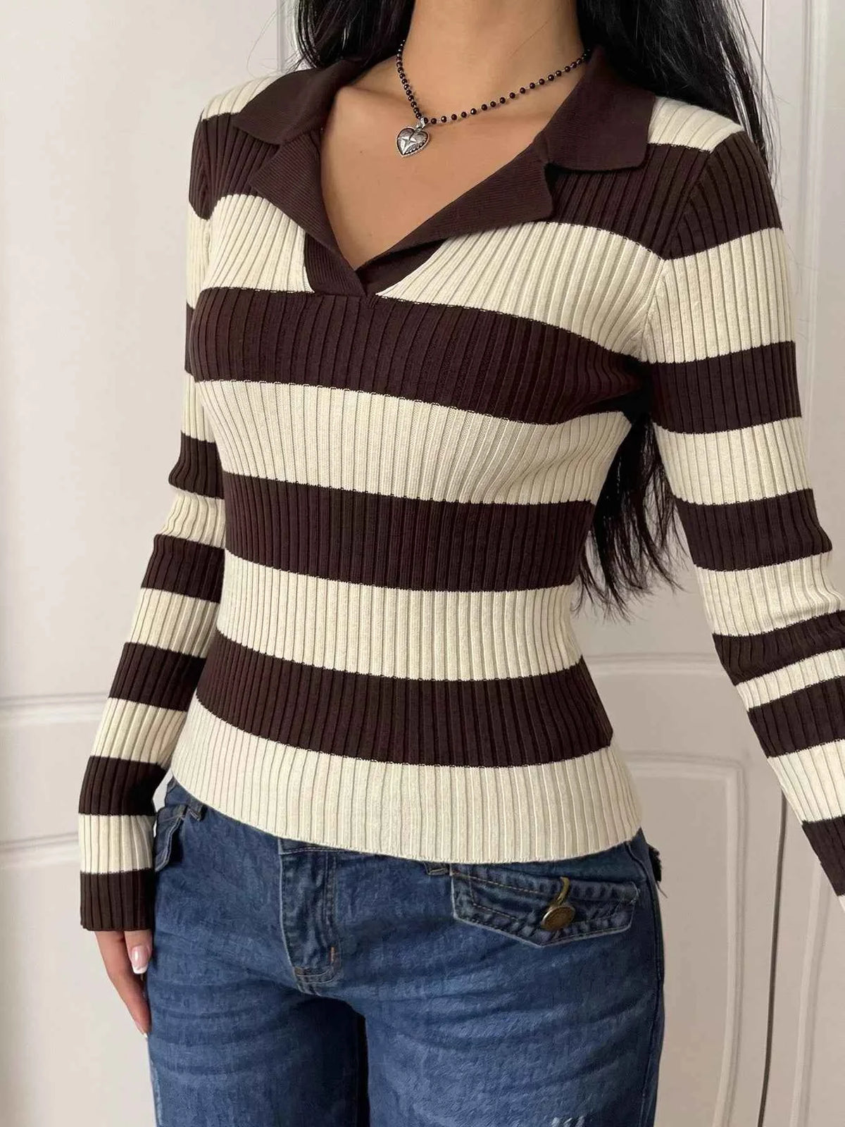 Striped Ribbed Knit Long Sleeve Sweater