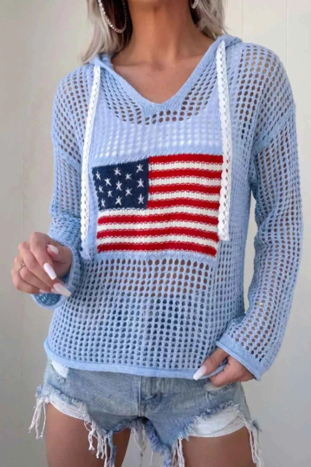 Hollow Out Crochet Knit American Flag Patched Knit Cover Up