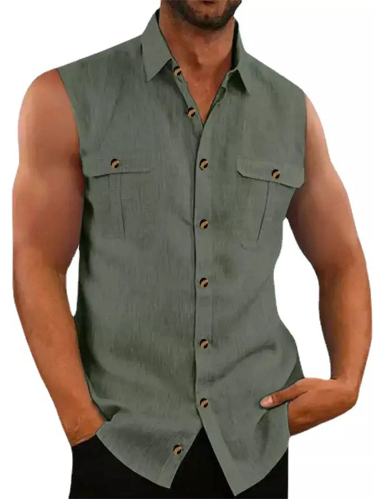 Men's Full Size Sleeveless Button-Up Shirt with Chest Pockets Plus Size