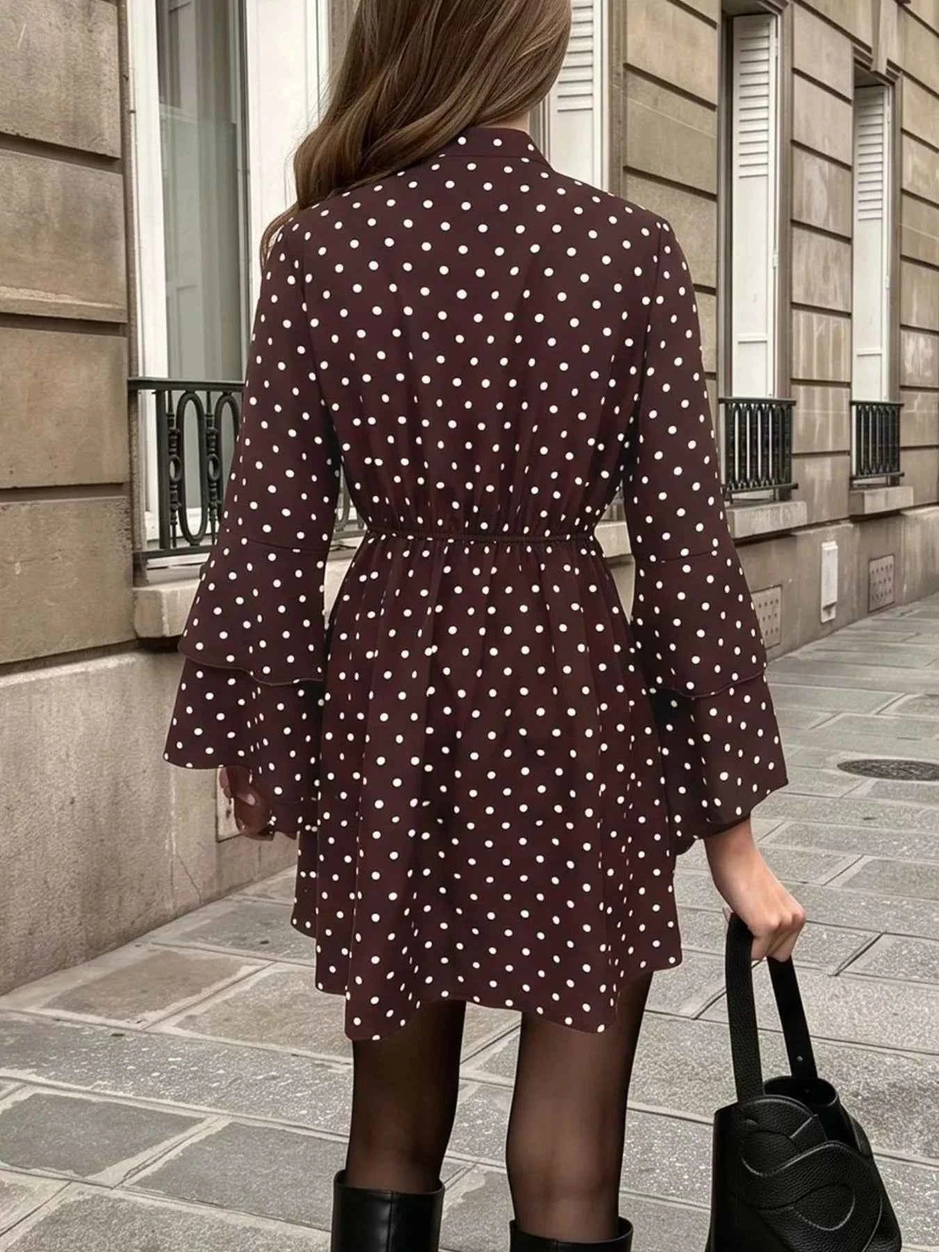 Polka Dot Flare Sleeve Tie Neck Dress