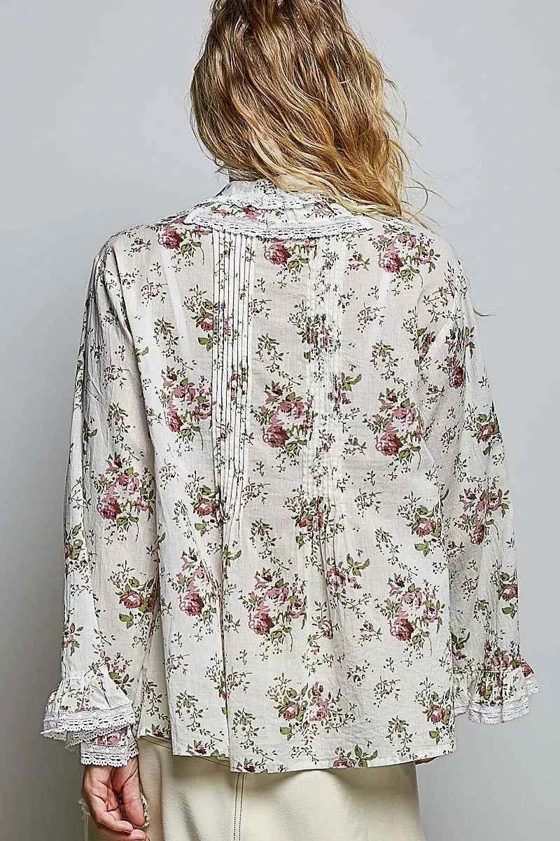 POL Floral Lace Trim Pintuck Button-Down Shirt