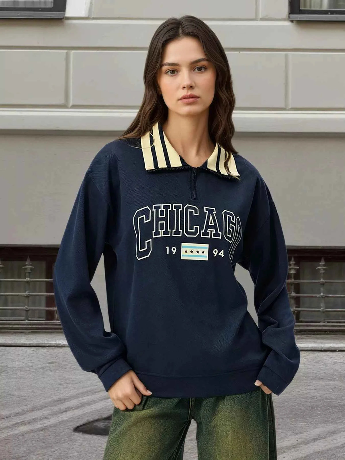 Striped Collar Letter Graphic Sweatshirt