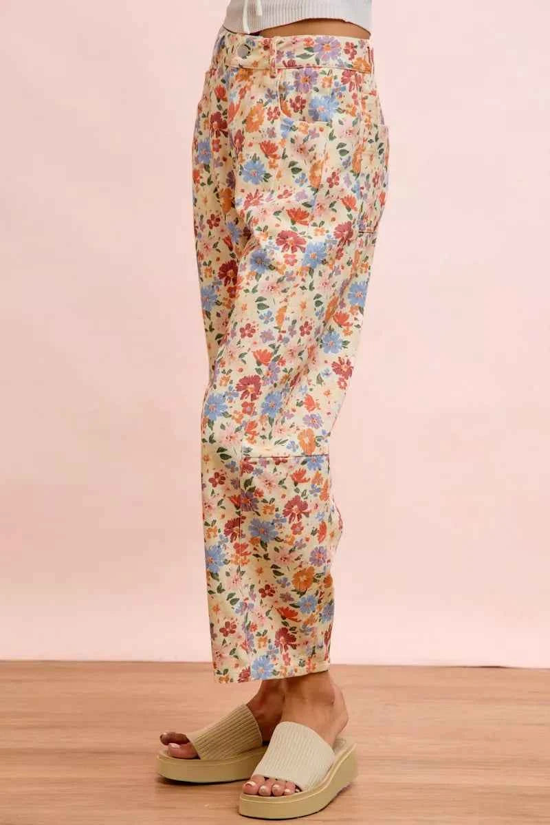 BiBi Washed Floral Printed Twill Barrel Pants