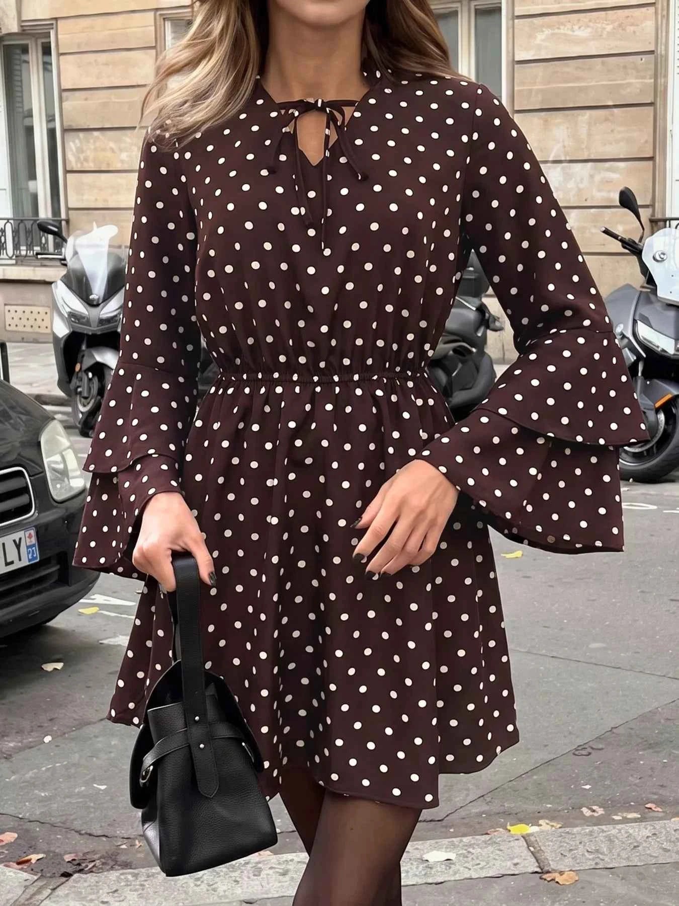 Polka Dot Flare Sleeve Tie Neck Dress