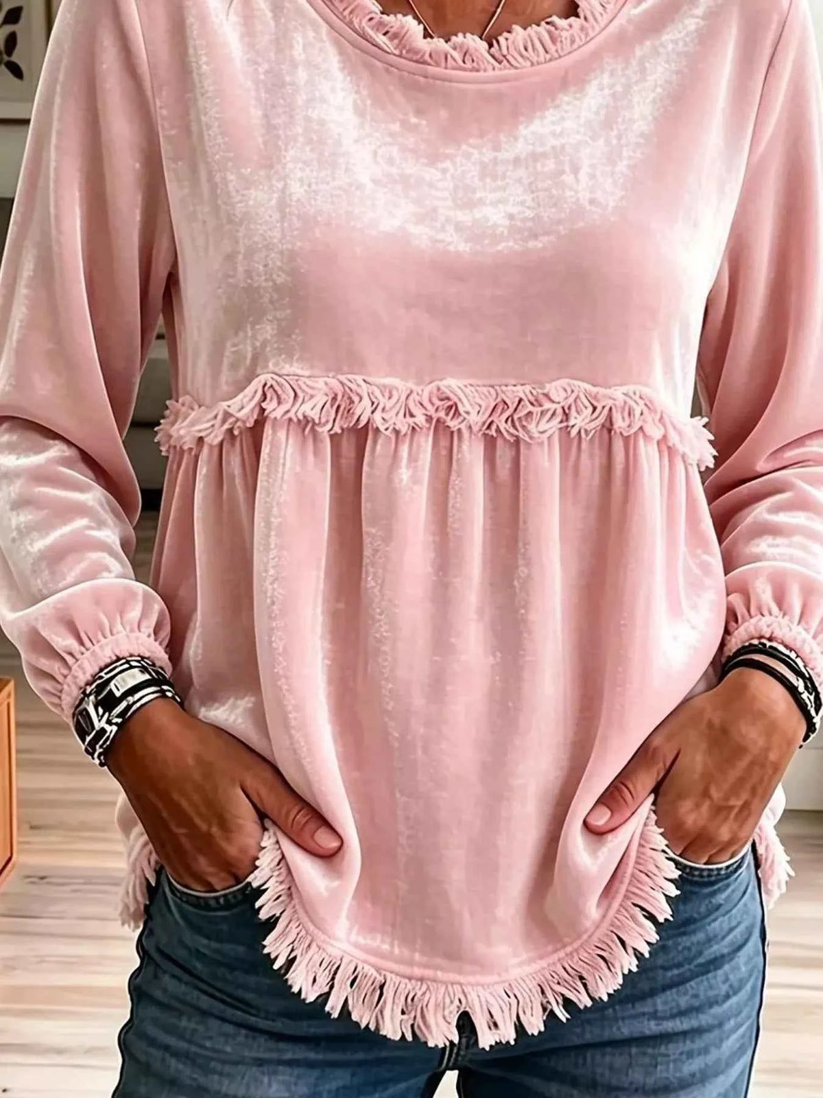 Velvet Fringe Long Sleeve Blouse
