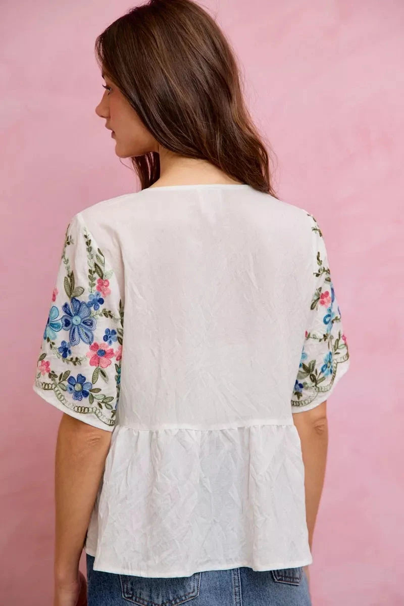 SO ME Floral Embroidered Baby Doll Blouse Top