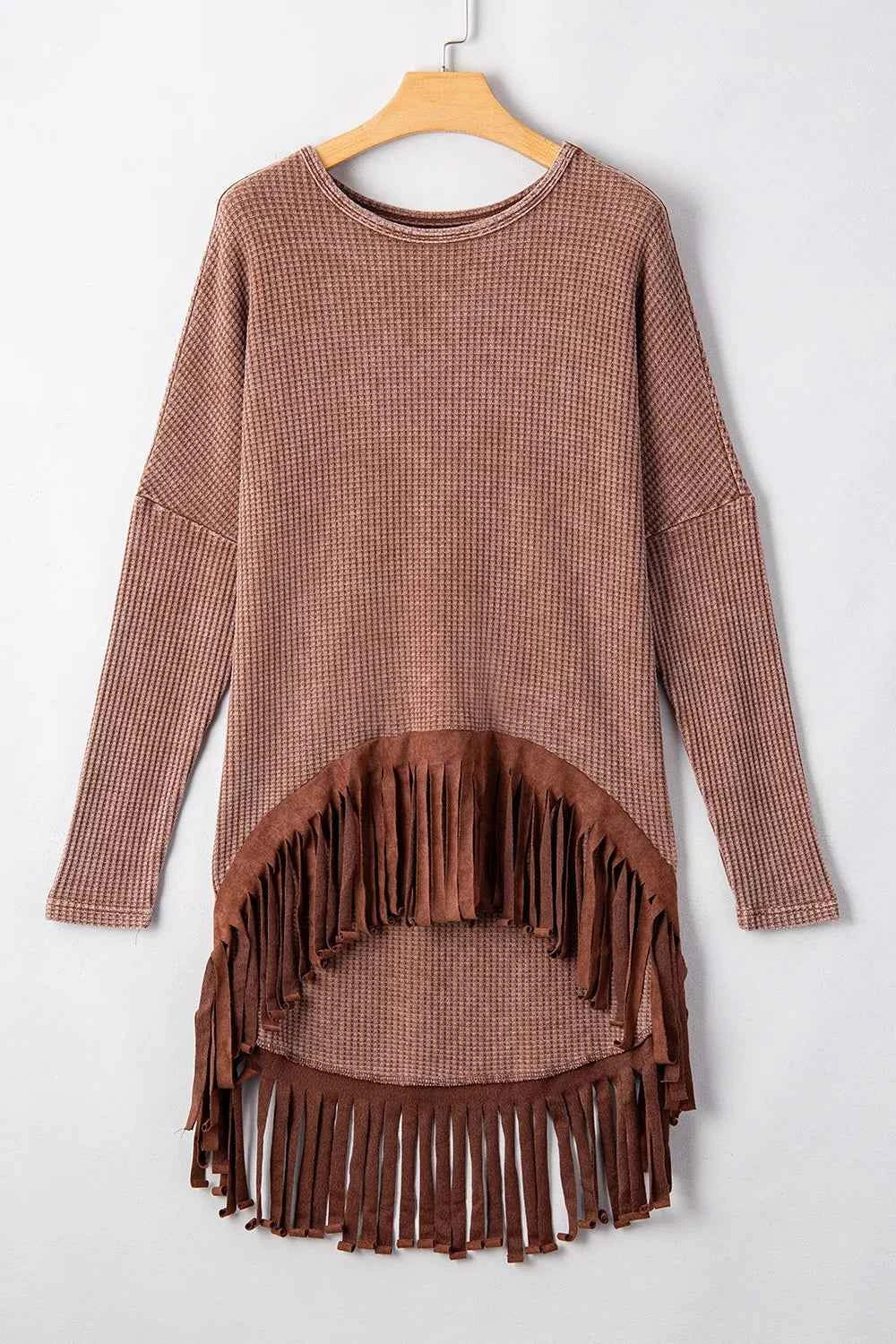 Waffle Knit Fringed High Low Loose Top