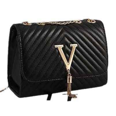 A New Trendy Women's Bag With A Striped Body And Floral Design, A V-shaped Tassel Decorated Crossbody Bag