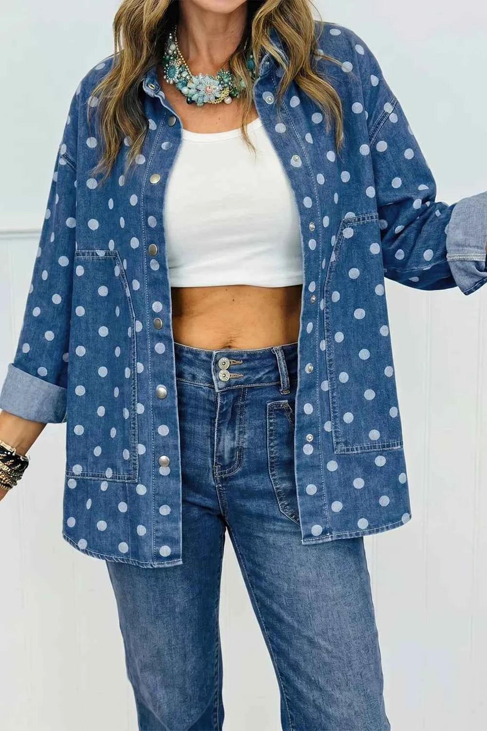 Polka Dot Long Sleeve Collar Shift Tunic Denim Jacket