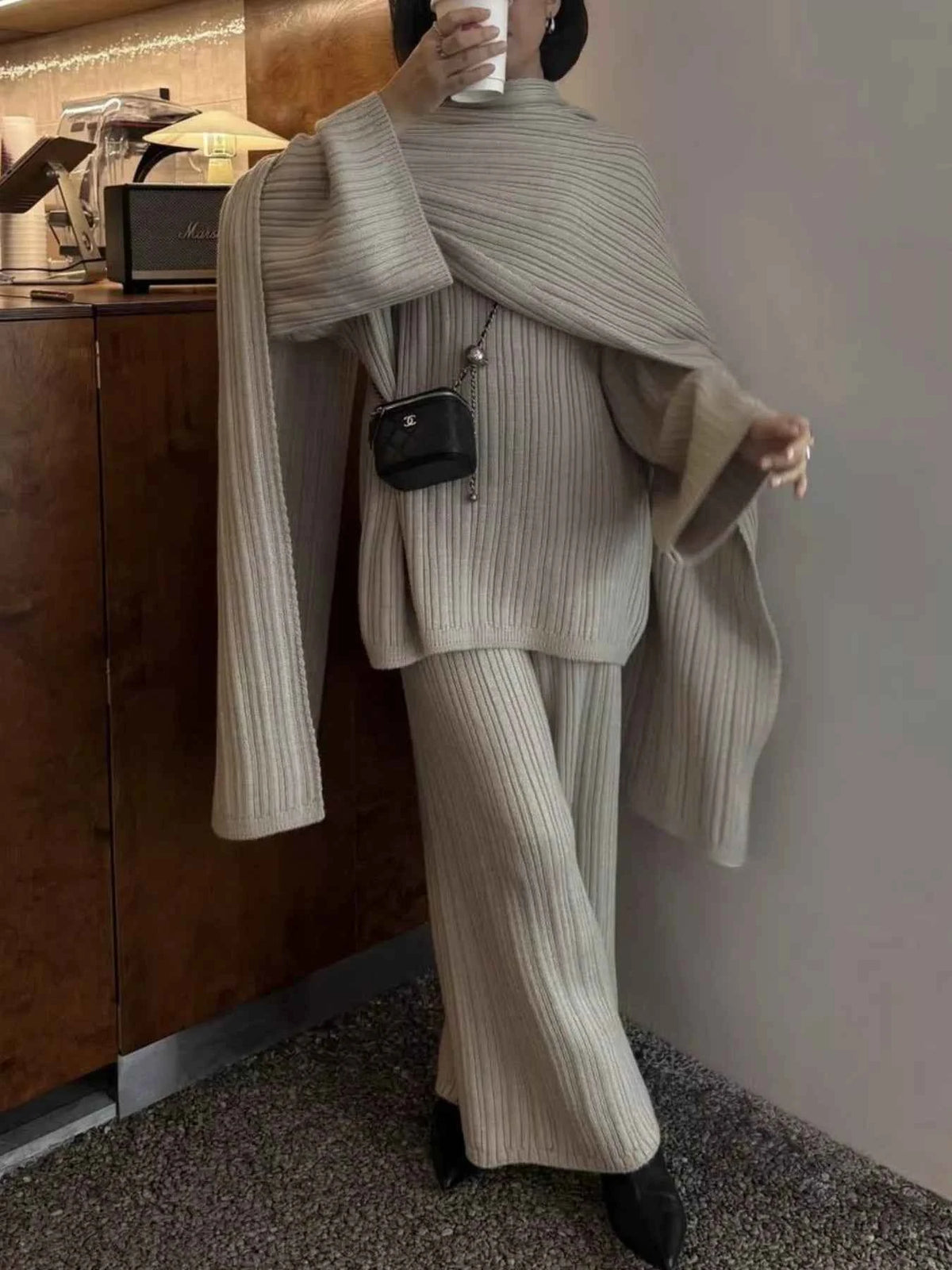 3-Piece Crew Neck Ribbed Sweater and Wide-Leg Pants Set with Scarf