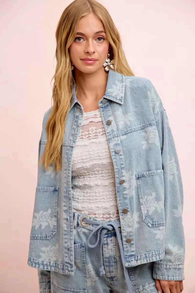 BiBi Printed Washed Denim Jacket With Pocket