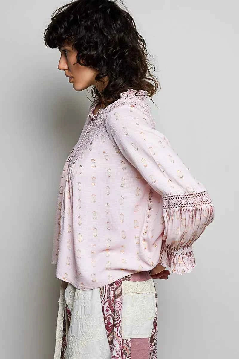 POL Mixed-Pattern Lace Detail Blouse