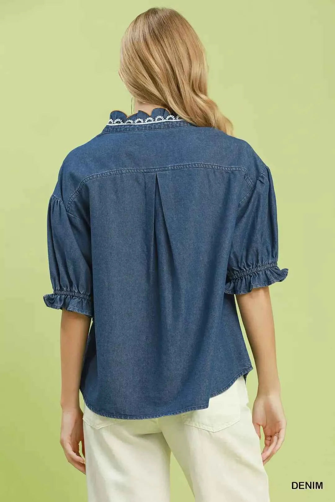 Umgee Chambray Scalloped Trim Button Front Blouse
