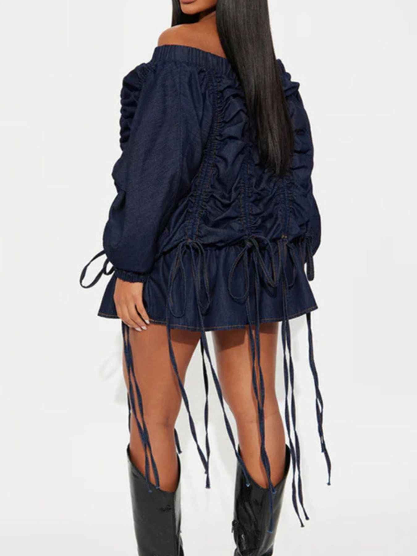 Off-Shoulder Ruched Denim Dress