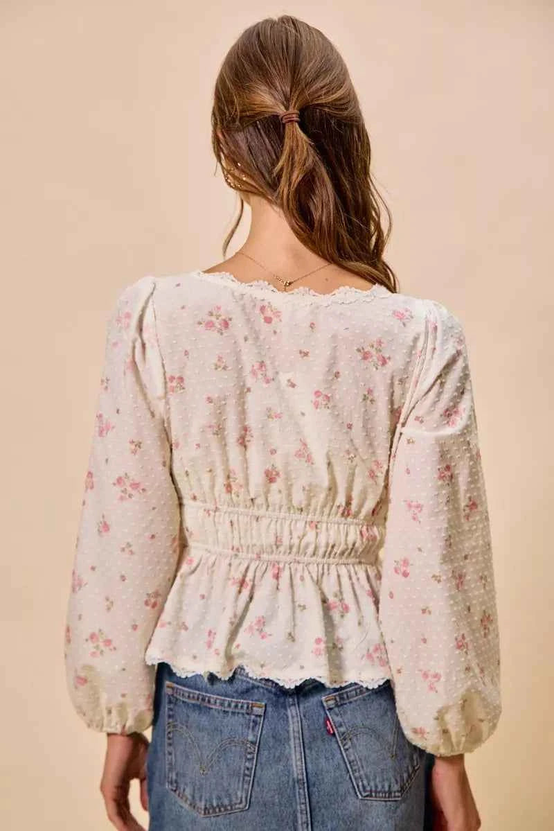SO ME Floral Clip Dot Lace Trim Ruched Bodice Blouse