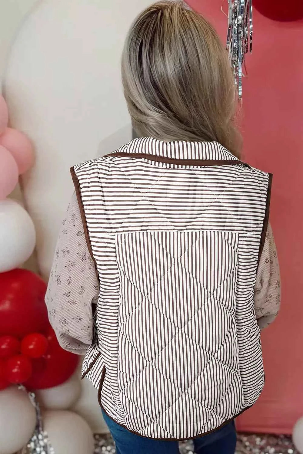 Stripe Quilted Wavy Hem Snap Button Vest