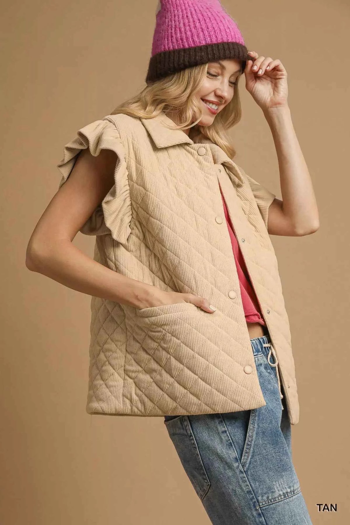 Umgee Corduroy Quilted Ruffle Sleeve Vest