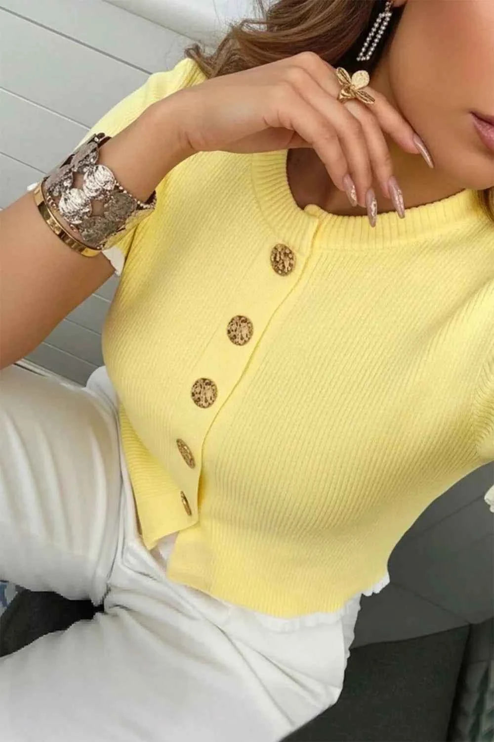 Ribbed Knit Contrast Frilled Short Sleeve Sweater Cardigan