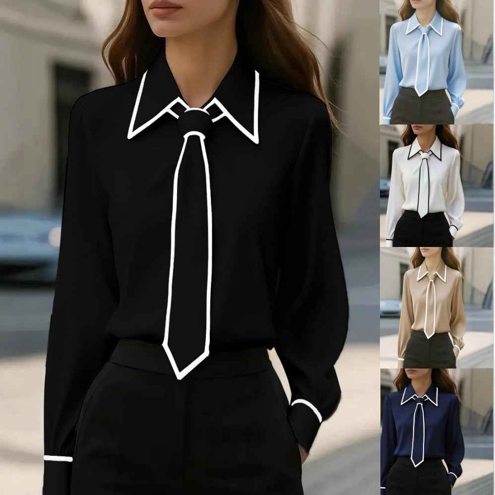Autumn Fashion Solid Color Commute Tie Design Long Sleeve Shirt Women's Clothing